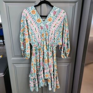 Boho Umgee Floral Print Dress in Teal and Pink